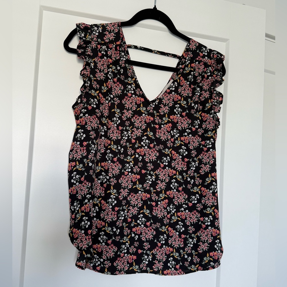 LOFT Black Ruffled Sleeveless Blouse with pink/orange floral print
